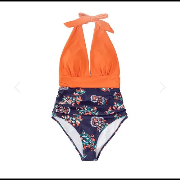Cupshe orange & blue floral Azariah one piece halter swimsuit size small - Picture 1 of 10